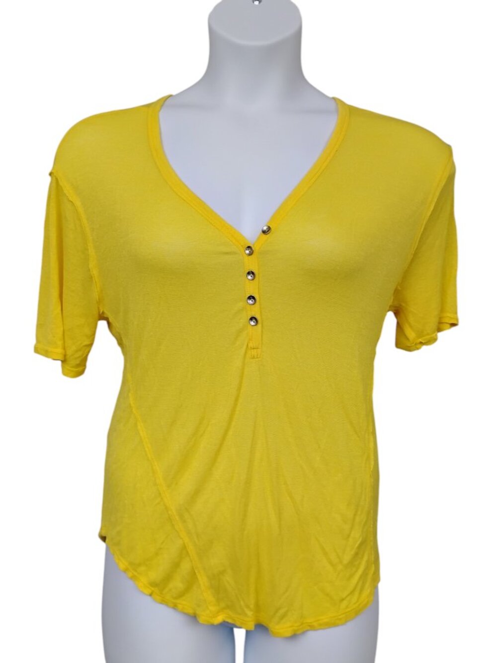 Pixley Fine Semi Sheer Blouse Size Medium Yellow V Neck Cut Out on Back